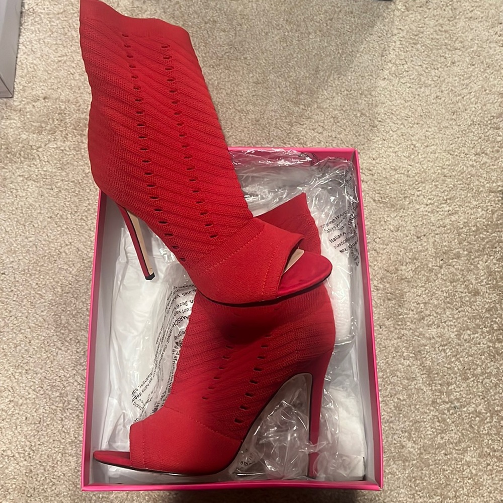 Red open toe heeled bootie